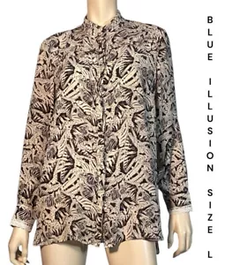 🌻BLUE ILLUSION SIZE L BLACK MULTI BUTTERFLY PRINT RUFFLE SILK SHIRT - Picture 1 of 10