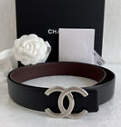 Chanel Silver CC Logo Reversible Leather Belt Black/ Burgundy Size 85 EU BNWT