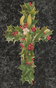 Viktorianischer Chromodruck Ausschnitt christliches Kreuz aus Stechpalme 6 x 4 Ausschnitt - Bild 1 von 2