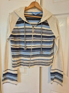 Next Era Women VTG Boho Cardigan Hooded Long Sleeve Zip Blue on White Sweater - Picture 1 of 15