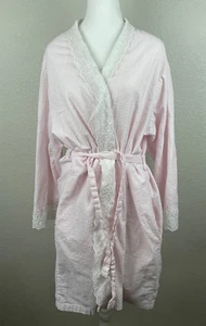 Eileen West Robe Soft Pink White Striped Seersucker Lace Trim Pockets Size Large - Picture 1 of 12