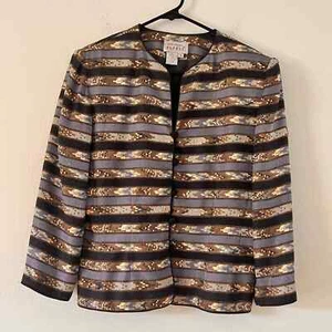 Adrianna Papell 100% Silk Grey Brown Cream Striped Beaded Formal Jacket Size 8 - Picture 1 of 14