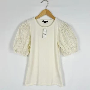 J Crew Womens Vintage Rib Lace Puff Sleeve Top Small Beige - Picture 1 of 12