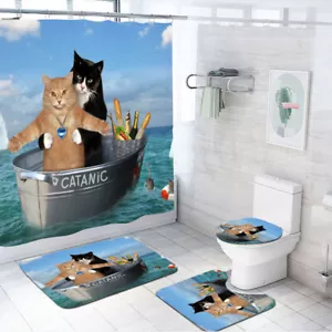Lustige Spoof Titanic Katze Duschvorhang Set rutschfeste Badematte WC Deckel Abdeckung - Bild 1 von 14