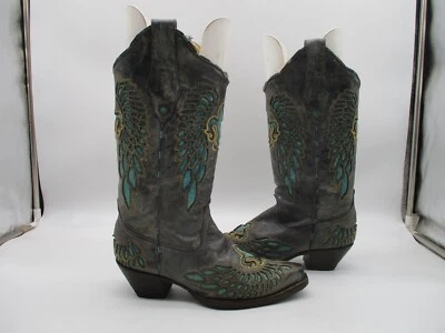Corral Fleur De Lis Boots R2337 Gray Distressed Turquoise Womens Boots Size 7 M - Image 1 of 4