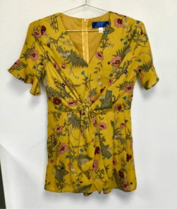 Blue Rain Damen senfgelb Blumen Blätter Print Rüschen Strampler Kleid Small - Bild 1 von 11
