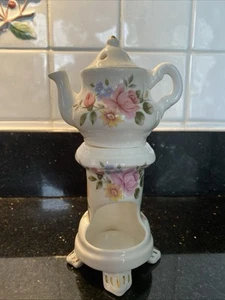 VINTAGE 2 PC SET PINK FLORAL, GOLD TRIM, BONE CHINA TEAPOT+WARMER,TEALIGHT - Picture 1 of 4