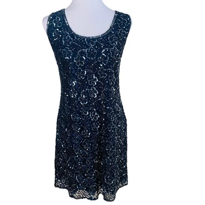 Pisarro Nights Size 14 Beaded Sequin Mesh Dress Gown Navy Blue Formal Holiday - Image 1 of 4