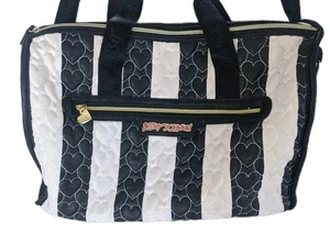 Large BETSEY JOHNSON Travel Bag Black & White Stripe Hearts Studded Feet  EUC!  - Picture 1 of 12