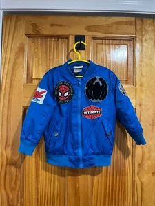 Marvel Spider-Man Boys Bomber Jacket 3T Blue Patches Superhero Zip Up Coat - Picture 1 of 5