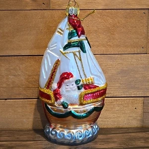 Blown Glass Christmas Ornament SAILBOAT SANTA Boat Nautical Mica Snow - Picture 1 of 5