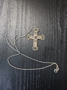 Sterling Silver Amethyst Lacy Filigree Cross Pendant 18" Necklace - Picture 1 of 9