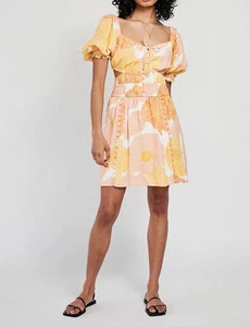 SABO Kensington Backless Yellow Orange Flower Dress Puff Sleeve Sz Small - Picture 1 of 9