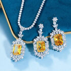 Rectangle Dangling Drop Wedding Necklace Silver Plated CZ Yellow Jewelry Set