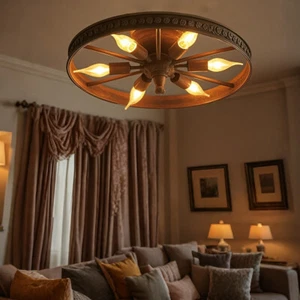 Industrial Wheel Shaped Pendant Light Rust Multi Bulb Ceiling Light for Parlor - Picture 1 of 10