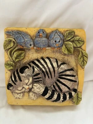 Винтажный Telle M. Stein барельеф сна полосатый кот с Bluebirds стены табличка трудно найти - Изображение 1 из 4