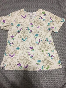 SB Scrubs M Medium Scrub Top Paisley Design Pattern Neutral Blue Green Purple RN - Picture 1 of 3