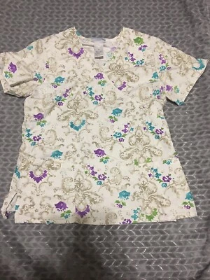 SB Scrubs M Medium Scrub Top Paisley Design Pattern Neutral Blue Green Purple RN - Image 1 of 3