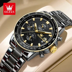 Nuevo reloj multifunción para hombre OLEVS cronógrafo acero inoxidable negro y dorado - Imagen 1 de 6