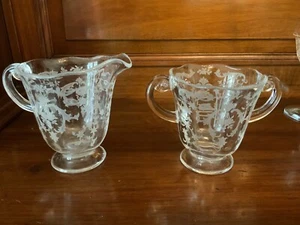 Fostoria Navarre Clear Etched Design Glass Creamer 4" Sugar Bowl 3.5" Excellent - Picture 1 of 5