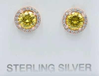 LAB CREATED 2.26 Cts YELLOW TOPAZ & W/SAPPHIRE STUD EARRINGS .925 Silver -Rose - Image 1 of 3