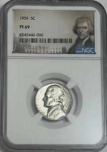 1959 NGC PF69 Proof Thomas Jefferson Nickel 5c Portrait Label - Picture 1 of 3