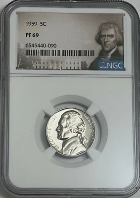 1959 NGC PF69 Proof Thomas Jefferson Nickel 5c Portrait Label - Image 1 of 3