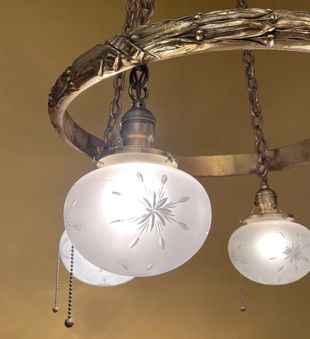 Vintage Lighting 1910 substantial brass chandelier! Wheel cut shades! Cover