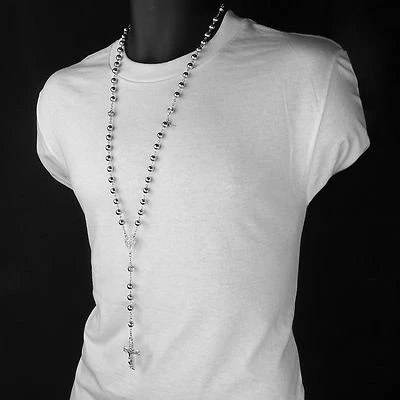 Hip Hop 8mm SILVER plated Beads D-Shape Cubic-Zirconia Rosary & Jesus Cross - Image 1 of 4
