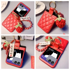 Ring Strawberry Pendant Chain Leather Case For Motorola Razr+2024/2025/ 2023 - Picture 1 of 24