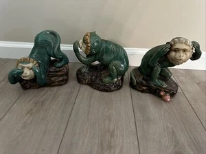 Majolica Monkey 3 Piece Set, Hear/See/Speak No Evil, MCM, Vintage NO CHIPS - Picture 1 of 10