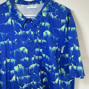 Columbia PFG Fishing Button Front Vented Shirt Men's Size 2xl Blue Sharks - Picture 1 of 11