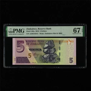 2019 Zimbabwe Reserve Bank 5 Dollars Pick#102a PMG 67 EPQ Superb Gem UNC - Picture 1 of 4