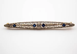 1930S ART DECO SOLID 14KT WHITE GOLD DIAMOND BLUE SAPPHIRE PIN - Picture 1 of 3