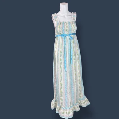 Vintage Sears JR Bazaar Dress Womens Size 7 Blue Floral Maxi Ruffle Prairie 70s - Image 1 of 4
