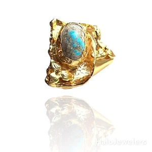 Handmade Vintage 22k Gold Plated Adjustable Ring with Oval Turquoise&3 Leaf Clov - Picture 1 of 7