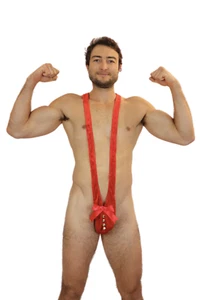 Mens Christmas Mankini Bells and Bows Costume Gift Sexy Thong Borat - Foto 1 di 8