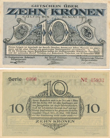 10 Kronen Czechoslovakia, Tetschen-Bodenbach  1919 (Now Decin Czech Republic) Cover