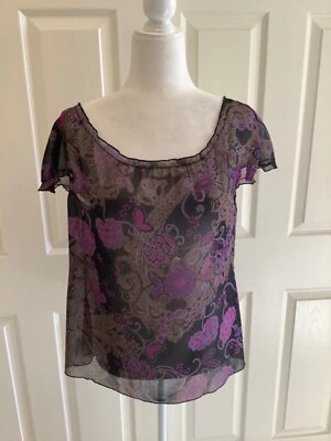 Daisy Fuentes Women’s Sheer Scoop Neck Pullover Black/Purple Cap Sleeve Sz PM - Image 1 of 4