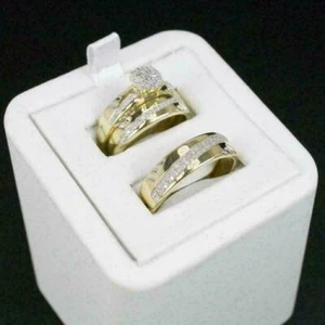 Juego de trío anillos de compromiso de diamantes simulados enchapados en oro amarillo de 14k boda nupcial - Imagen 1 de 4