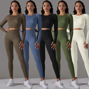 Women's Seamless 2PCS Long Sleeve Crop Top Yoga Leggings Workout Set GYM Clothes - Picture 1 of 74