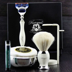 Shaving Set with 5 Edge Razor & Pure White Badger Brush Perfect Gift for Men - Picture 1 of 5