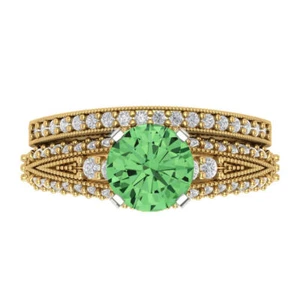 1.99Ct Green Gemstone Round Cut 14K/18K Gold Promise Wedding Bridal Ring set - Picture 1 of 20