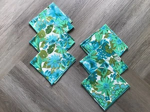 Set 6 tovaglioli vintage in stoffa anni 70 motivo floreale blu verde 11" quadrati - Foto 1 di 3