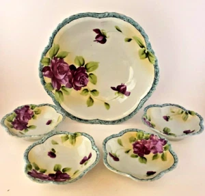 Set ciotole porcellana giapponese Nippon dipinte a mano vintage con rose viola - Foto 1 di 19