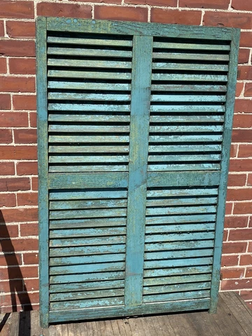 Antique DOUBLE LOUVER Wood SHUTTER 45.5"H x 28.75"W Distressed BLUE/GREEN Paint Cover