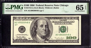 1996 $100 FEDERAL RESERVE NOTE CHICAGO FR.2175-G AGA BLOCK PMG GEM UNC 65 EPQ - Picture 1 of 4