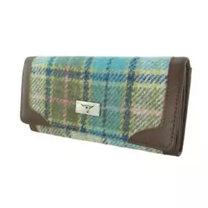 Harris Tweed Light Blue Sage Green Basket Weave Tartan Check Long Purse - Picture 1 of 1