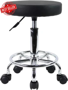 PU Leather round Rolling Stool with Foot Rest Swivel Height Adjustment Medical S - Picture 1 of 12