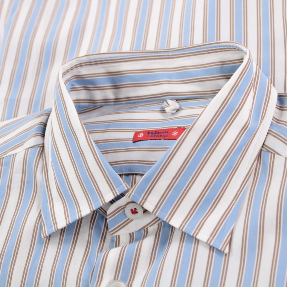Camicia elegante Kiton nuova con etichetta taglia 15,75 40 blu a righe 100% cotone - Immagine 1 di 4